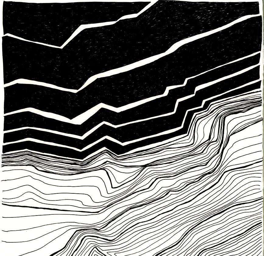 Hand-drawn topographic map of a lakeside shoreline. A contrasting representation of a frozen lake and an active ground plane.