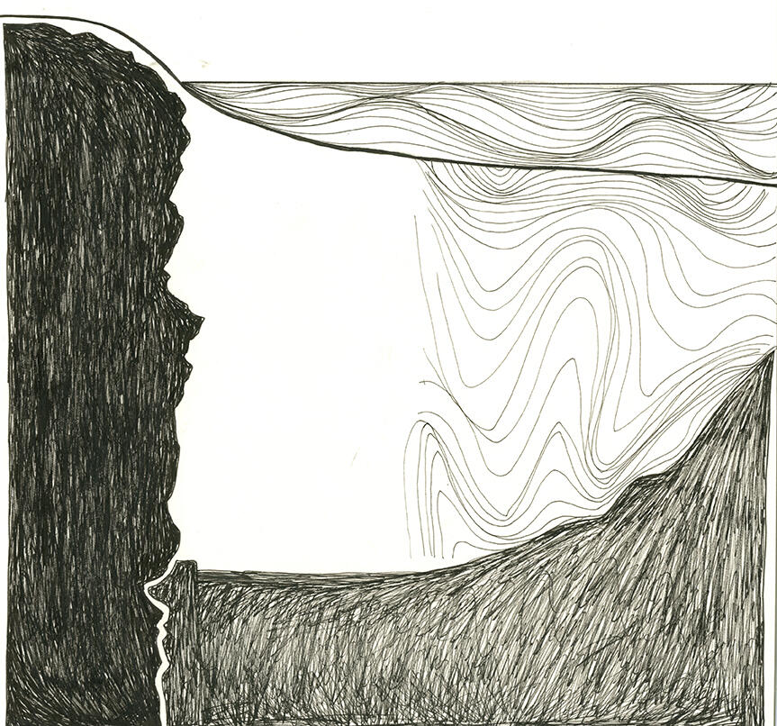 Section of suggested site for the structure, showing interactions between the original and proposed lakebed and rocky cliffside.
